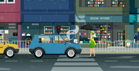 Woman calling to report a broken car on a rainy city road.のイラスト素材
