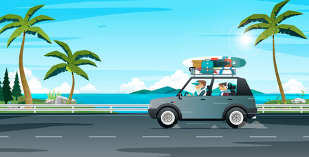 The family is traveling by car to the beach during the holidays.のイラスト素材