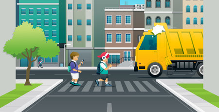 School children are careless and playing with their phones while crossing the road.のイラスト素材
