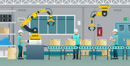 Workers are working on machines in the manufacturing industry of the factory.のイラスト素材
