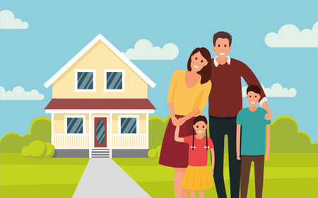 Happy young family near their home. Father, mother, son and daughter. - stock vector in the flat style.のイラスト素材