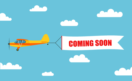 Flying advertising banner, pulled out by light aircraft with the inscription "COMING SOON" - stock vector.のイラスト素材