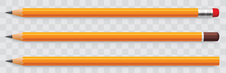 Realistic pencil collection with shadow. Set of yellow pencils sharpened with a rubber band and without - stock vector.のイラスト素材