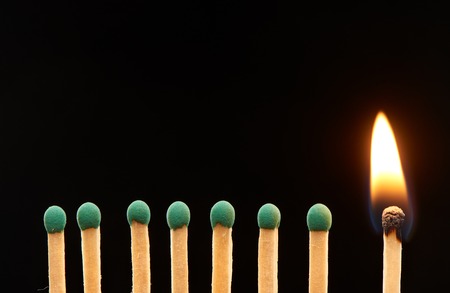 Set of seven green and one burning wooden matches isolated on black backgroundの写真素材