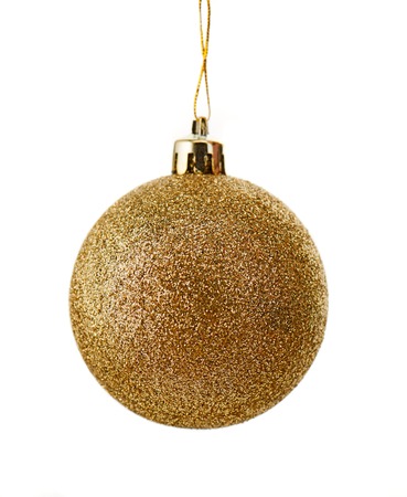 Sparkly christmas ball covered with gold glitter isolated on white backgroundの写真素材