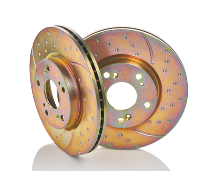 Two new car brake disks isolated on white background. Clipping path included.の写真素材