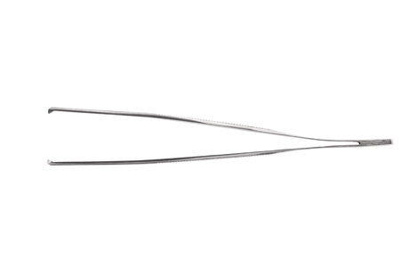 Close up of stainless steel surgical forceps isolated on white background. Clipping path included.の写真素材