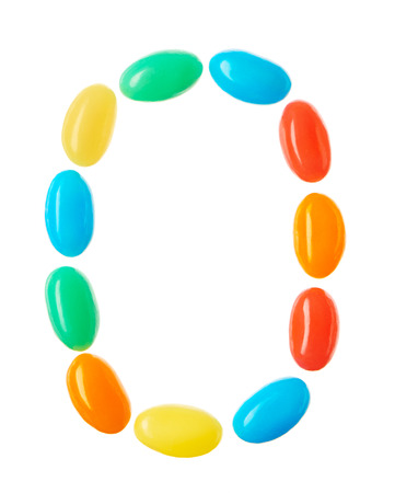"0" number made of multicolored candies isolated on white backgroundの写真素材