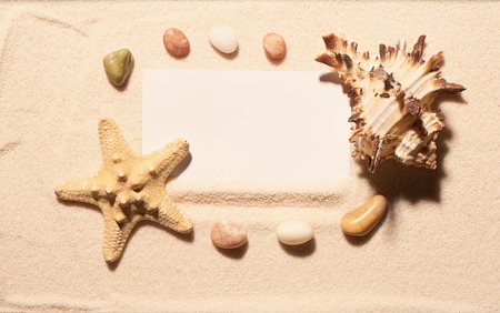 Blank white visit card in frame of starfish, seashell and stones on sand. Summer beach background. View from aboveの写真素材