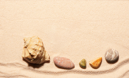 Seashell and sea stones on sand. Summer beach background. View from aboveの写真素材