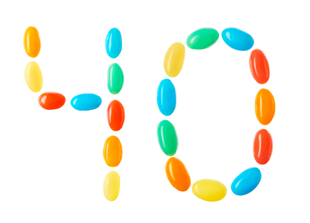 40 number made of multicolored candies isolated on white backgroundの写真素材