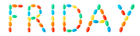 Friday lettering made of multicolored candies isolated on white backgroundの写真素材