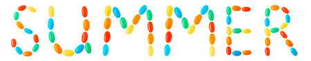 Summer lettering made of multicolored candies isolated on white backgroundの写真素材