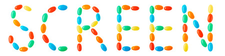 Screen lettering made of multicolored candies isolated on white backgroundの写真素材