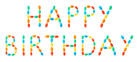 Happy birthday lettering made of multicolored candies isolated on white backgroundの写真素材