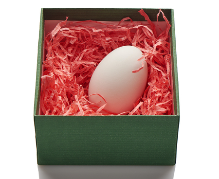 Single white chicken egg in pink paper nest inside a green gift box isolated on white backgroundの写真素材