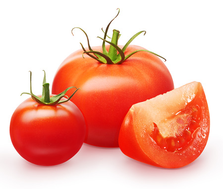 Whole fresh red tomato, slice and small cherry tomato with green leaves isolated on white backgroundの写真素材