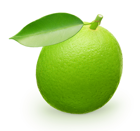 Whole fresh lime fruit with green leaf isolated on white backgroundの写真素材