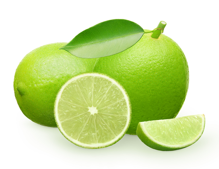 Whole fresh lime fruit with green leaf next to lime lying on its side, half and slice isolated on white backgroundの写真素材