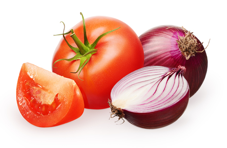 Whole fresh red tomato with green leaf and slice near unpeeled red onion and half isolated on white backgroundの写真素材