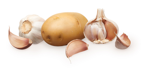 Whole fresh garlic, half, cloves and potato isolated on white backgroundの写真素材