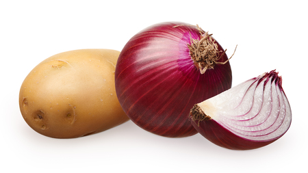 Whole fresh unpeeled red onion with slice and potato isolated on white backgroundの写真素材