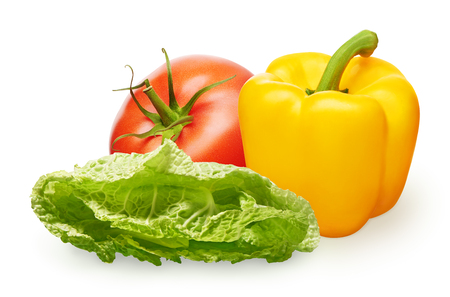 Whole fresh red tomato with green leaf, yellow bell pepper and green salad isolated on white backgroundの写真素材