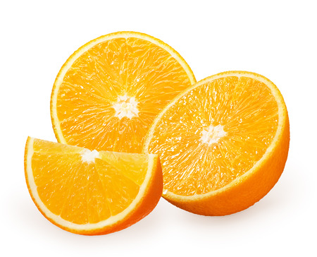 Two halves and slice of fresh orange fruit isolated on white backgroundの写真素材