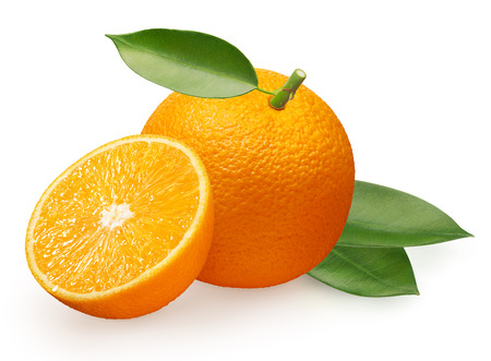 Whole fresh orange fruit with half and green leaves isolated on white backgroundの写真素材