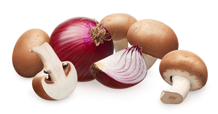 Whole fresh royal champignon mushrooms with half near whole fresh unpeeled red onion with slice isolated on white backgroundの写真素材