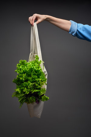 Womanâ€™s hand in blue denim shirt holding reusable shopping bag with bouquet of green salad...
