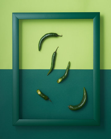 Whole and chopped chili peppers in wooden picture frame on two-tone green backgroundの写真素材