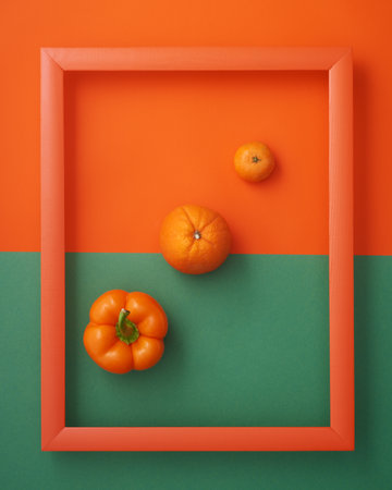 Bell pepper, orange and clementine in wooden picture frame on orange and green backgroundの写真素材