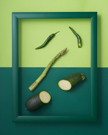 Whole and chopped chili peppers, zucchini and asparagus in wooden picture frame on two-tone green backgroundの写真素材