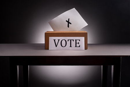 Ballot paper with cross sign sticks out of voting box on desk on gray background with dramatic lightingの写真素材