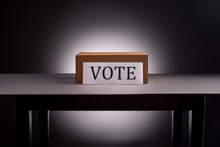 Voting box on desk on gray background with dramatic lightingの写真素材