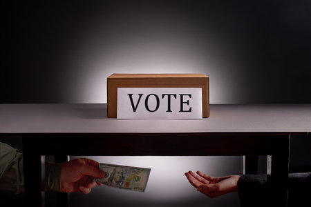 Man's hand gives a hundred dollar bill to woman's hand in business suit under the table with voting box on it on gray background with dramatic lightingの写真素材