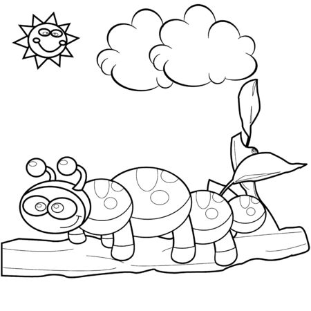 Illustration vector grafik of walking caterpillar on twig. Good for colloring book, drawing book, children toy, etc.のイラスト素材