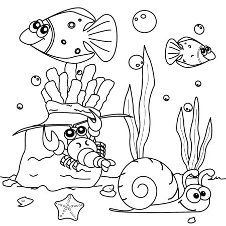Illustration vector grafik of mini aquarium life. Good for colloring book, drawing book, children toy, etc.のイラスト素材