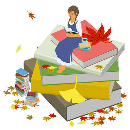 Isometric vector illustration of a woman relaxing and reading in the fall of readingのイラスト素材