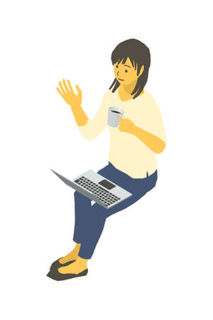 Vector illustration of a woman operating a laptop with a cup of coffee in isometric designのイラスト素材