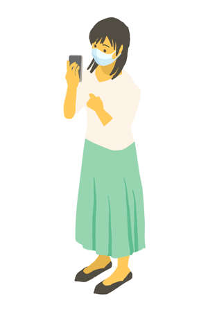 Vector illustration of a young woman wearing an isometric mask and operating a smartphoneのイラスト素材