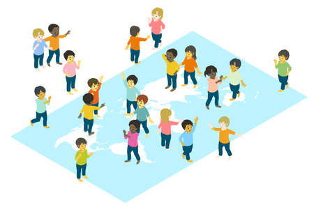 Isometric Colorful vector illustrations of children from various races playing together on the world...