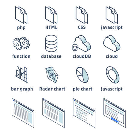 Isometric Simple Icon Web Production and Data, Graph Vector Icon Setのイラスト素材