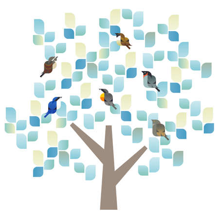 Simple icon style geometric vector illustration frame of winter tree where birds gatherのイラスト素材