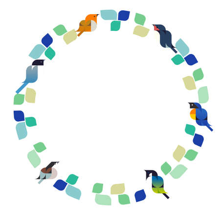 Vector frame illustration of cute wild bird with simple leaf wreathのイラスト素材