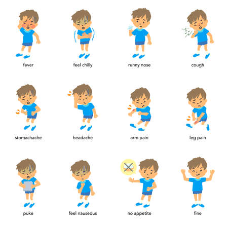 Illustration set of boys showing body symptoms such as "I have a fever" and "I get a sning" Vectorのイラスト素材