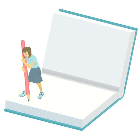 Isometric image of schoolgirl in summer clothes writing in book Vector illustrationのイラスト素材