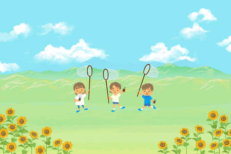 Vector illustration of children collecting insects in natureのイラスト素材