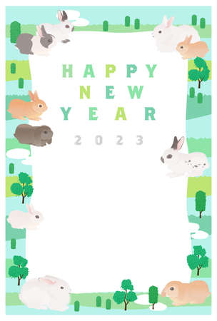 New Year's card frame for rabbits around the world (Japanese New Year's postcard size (vertical position)のイラスト素材